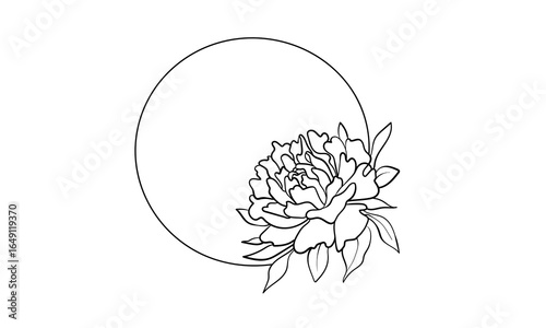 Peony wreath, continious line drawing. Spring circle, floral border outline. Vector illudstration