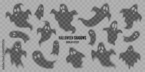 Set of Halloween ghost shadows, overlay effect. Collection of transparent scary creatures, spooky faces, silhouettes of monsters, spirits illustrations. Isolated vector decoration elements.