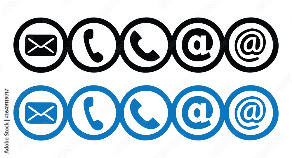 Obraz premium Black and Blue Contact Icons for Email and Phone Communication on White Background vector illustration