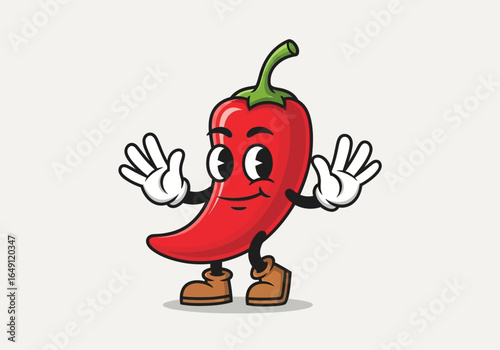 Cartoon chili pepper character with arms and legs, waving hello cheerfully.