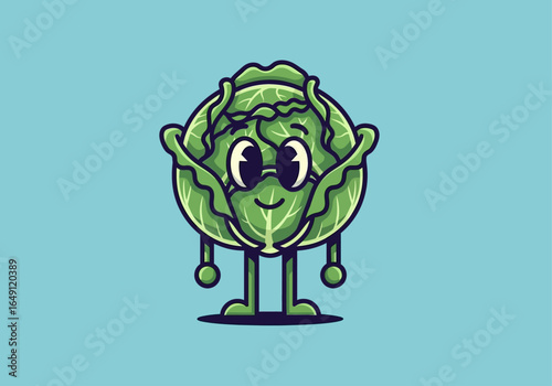 A cheerful cartoon cabbage character, wearing sunglasses, with small arms and legs.