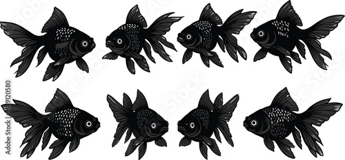 Stylized black fish illustration, symmetrical aquatic design, detailed scales and fins, marine pattern artwork, identical fish rows, graphic sea creatures