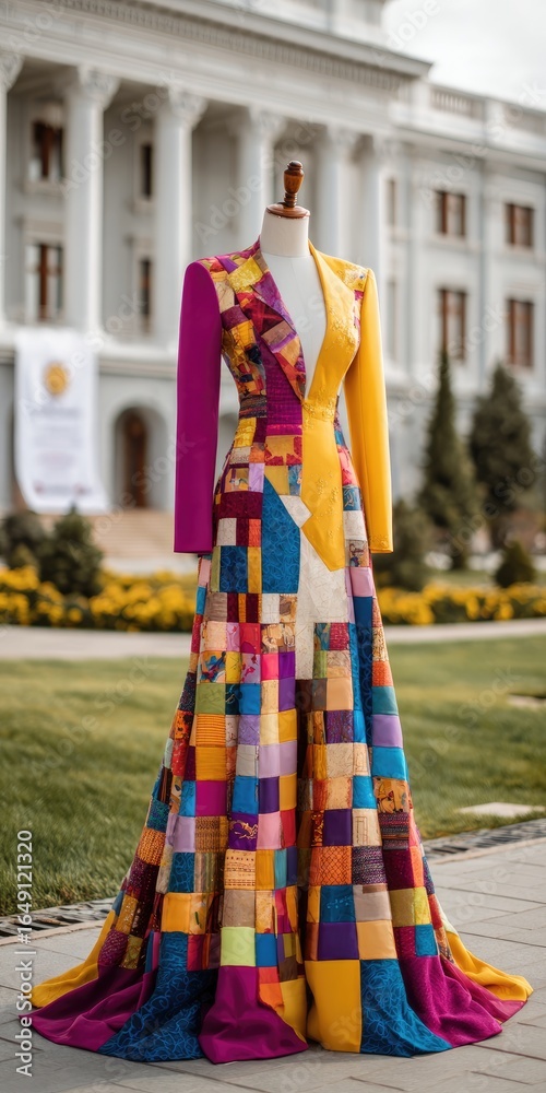 Naklejka premium Colorful patchwork gown displayed on mannequin outdoors