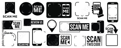 Set of black and white QR code icons in various styles and layouts, including frames, banners, and phone scan symbols. Flat, minimalist design on white background, clean and organized layout.