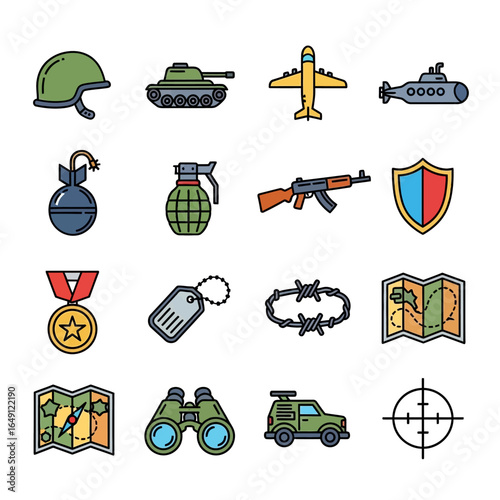Military objects display warfare elements on white background