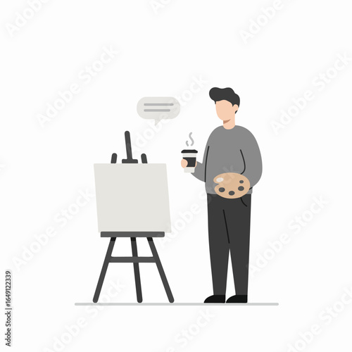 Creative man with coffee and palette prepares to paint on a blank canvas, embodying artistic inspiration and ideation.