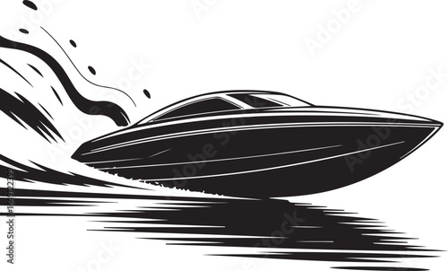 Sleek speedboat cuts through water with dynamic motion