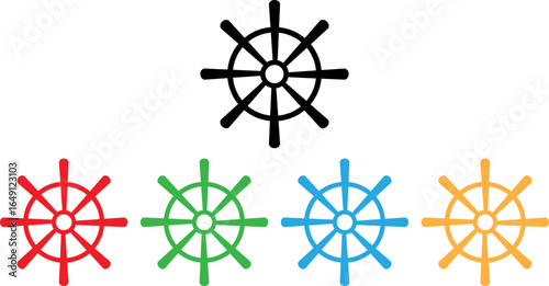 Colorful ship wheel icon set in five colors . Ship steering wheel icon . Vector illustration