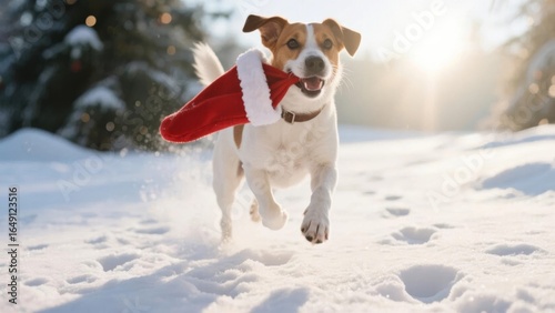 Joyful Dog Wearing Santa Hat Running in Snow