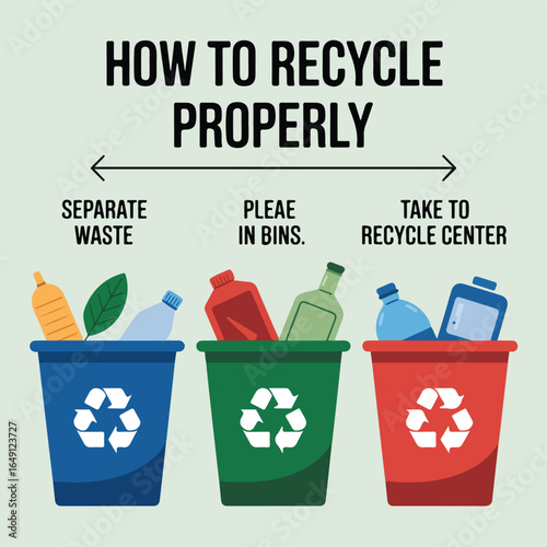 Illustration showing how to recycle properly by separating waste into different colored bins