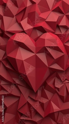 A vivid, geometric design featuring a prominent red heart surrounded by various angular shapes, creating a striking, modern visual.