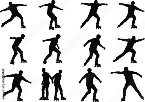 Collection of Inline Skaters and Rollerbladers in Different Poses, Silhouettes of People Skateboarding, Outdoor Recreation and Urban Sport Activities, Set of Black Figures Rollerblading.