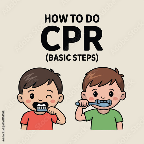 Two cartoon boys demonstrating how to do cpr or basic steps while brushing teeth in the illustration