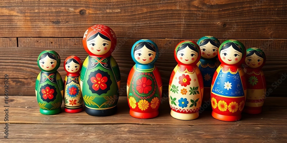 Fototapeta premium Vibrant motanka dolls arranged on rustic wooden table, ethnic toy, heritage