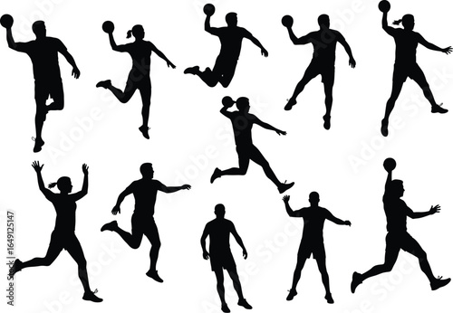 Dynamic handball player silhouettes in action, jumping and throwing ball, set of male and female athletes, vector illustration.