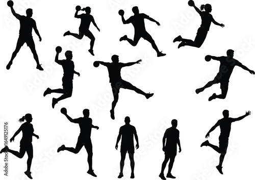 Dynamic handball player silhouettes in action, jumping and throwing ball, set of male and female athletes, vector illustration.