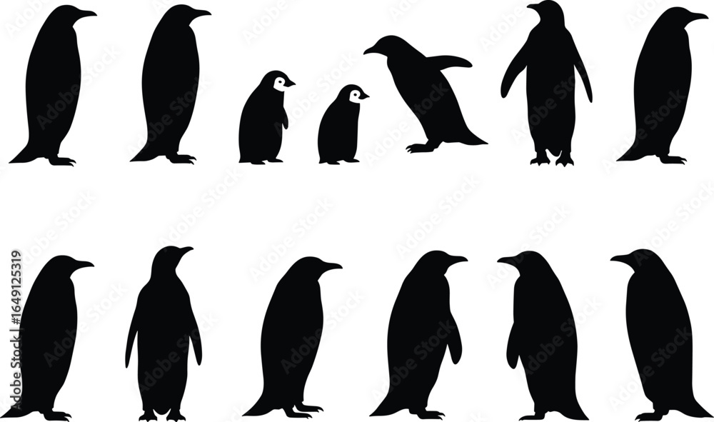 Naklejka premium Emperor Penguin Family and Chick Silhouettes: Vector Illustrations of Antarctic Birds for Nature and Wildlife Design.