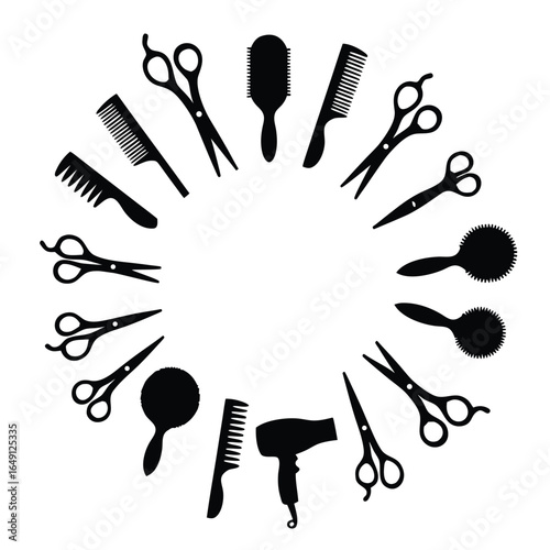 Black silhouette hairdressing tools arranged in a circle