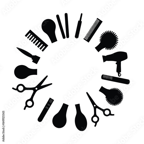 Black silhouette hairdressing tools arranged in a circle