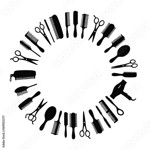 Black silhouette hairdressing tools arranged in a circle