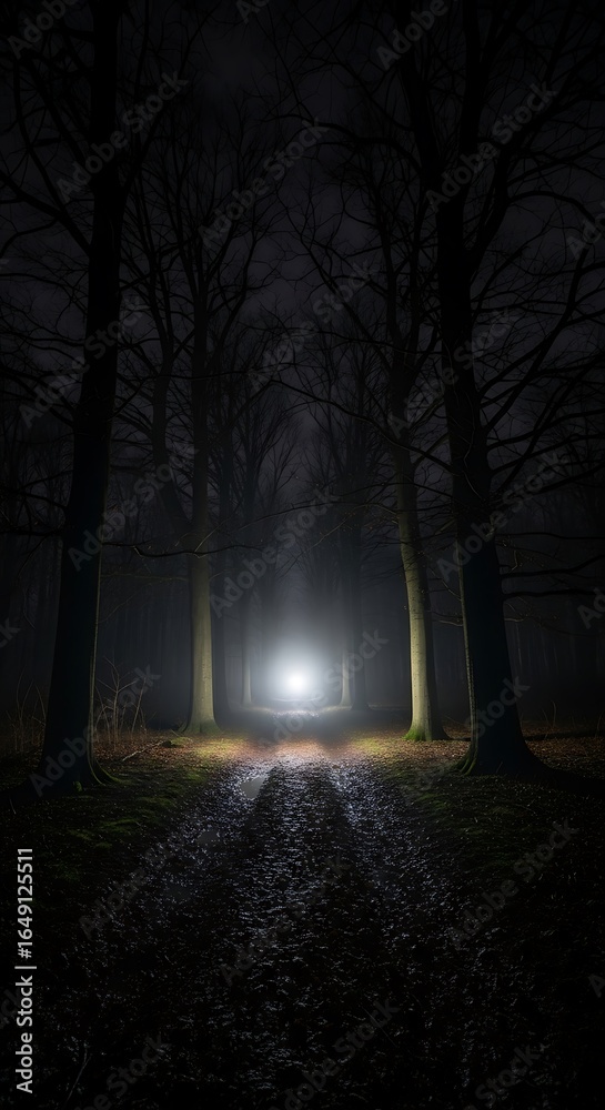 Fototapeta premium Mysterious Night Forest Path Illuminated by Light Source