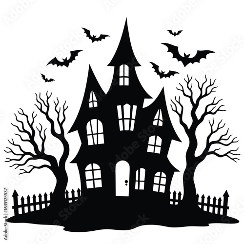 Black silhouette haunted house with bats and bare trees