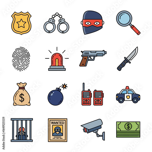 Crime icons represent law enforcement apprehending criminals icons isolated