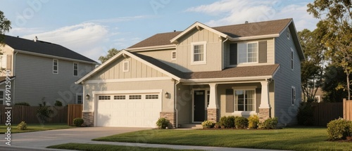 Two-Story Residential Home with Gray Siding and White Garage Door