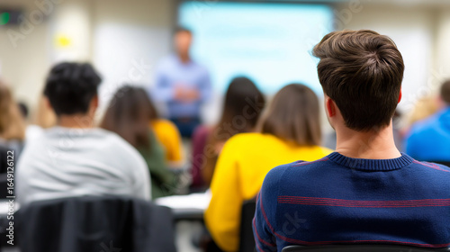 Students listening to a teacher during a classroom lecture in a modern educational setting.
