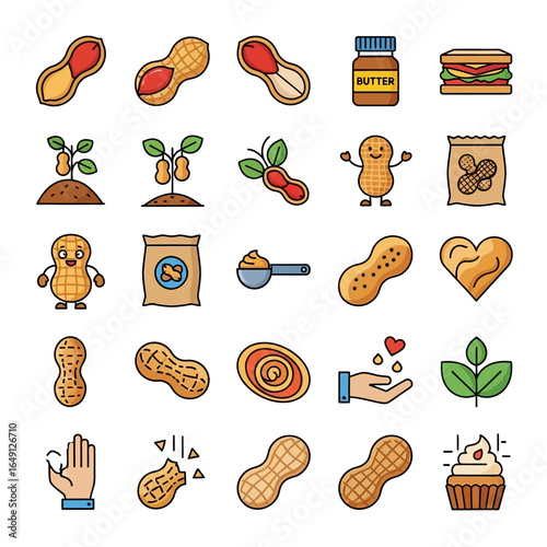 Peanut icons depict diverse elements various situations dietary theme