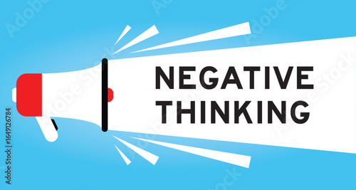 Color megaphone icon with word negative thinking in white banner on blue background