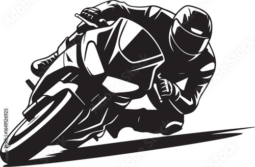 Dynamic motorcycle racer leans into sharp turn at speed
