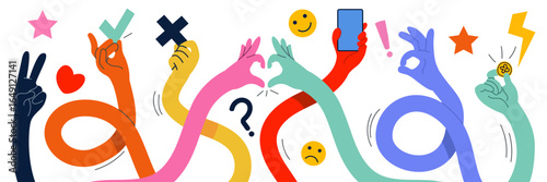 long stretched hands multicolored human arms holding different items long curved limbs, various gestures symbols smartphone cup of coffee coin tidy set