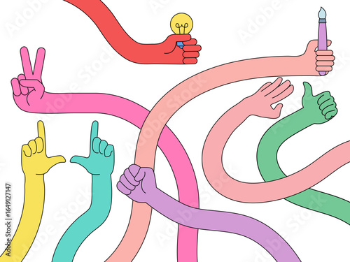 long stretched hands multicolored human arms holding different items long curved limbs, various gestures symbols smartphone cup of coffee coin tidy set