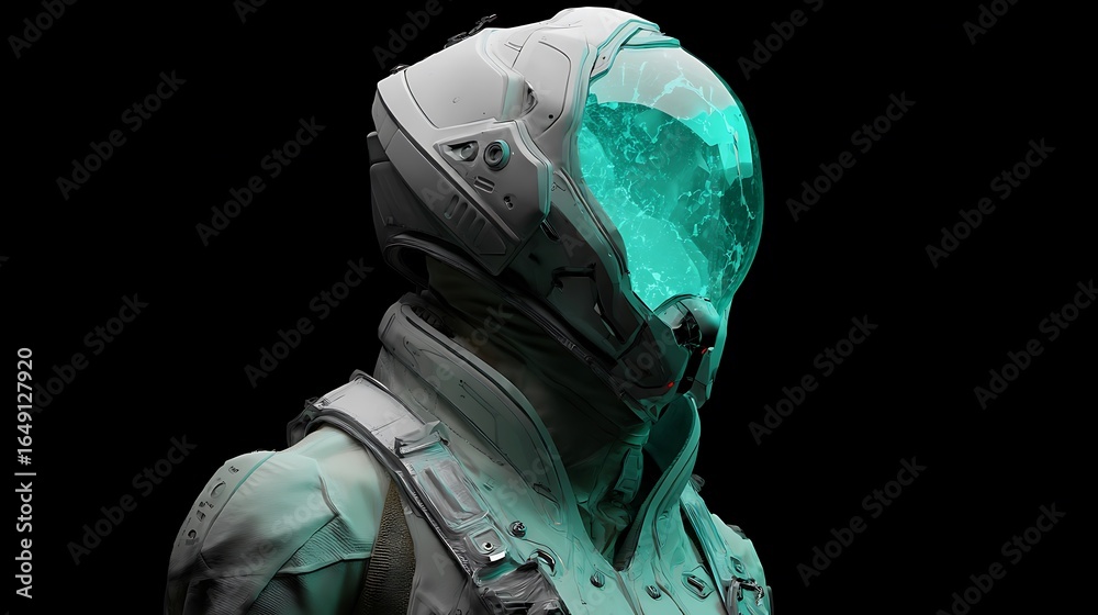 Naklejka premium A futuristic chemistry suit with a glowing helmet 