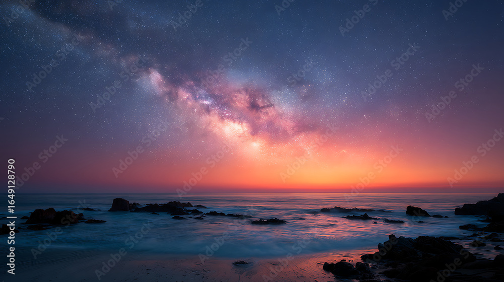 Fototapeta premium Stunning Milky Way Galaxy Over Ocean Horizon at Sunset with Colorful Sky