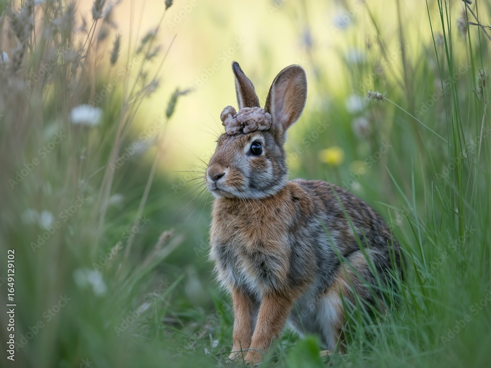 Obraz premium Wildlife photo of an Eastern Cottontail rabbit in Minnesota showing horn-like growths from Shope papillomavirus, captured in natural detail.