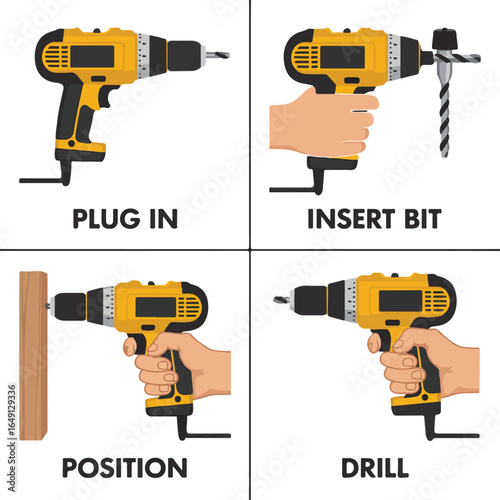 Illustration showing steps to use a power drill including plugging in inserting bit positioning and drilling