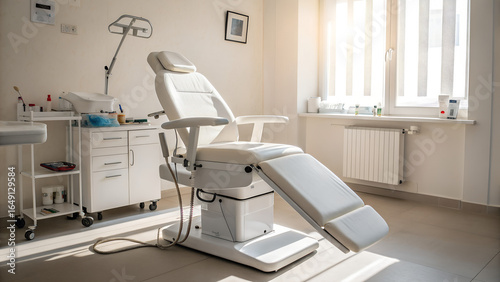 White adjustable medical chair in sunlit clinic room with clean organized workspace perfect for healthcare interior visuals and professional treatment facility promotions