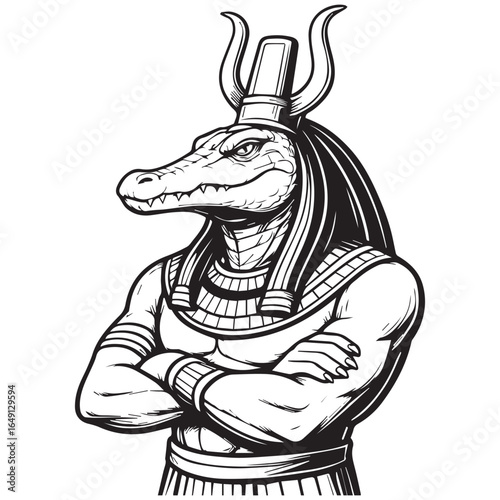 tattoo design of Egyptian god Sobek in black and white comic style