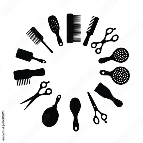 Black silhouettes of hairdressing tools arranged in a circle