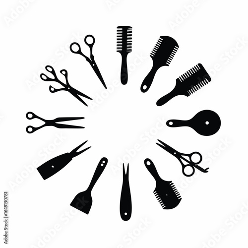 Black silhouettes of hairdressing tools arranged in a circle