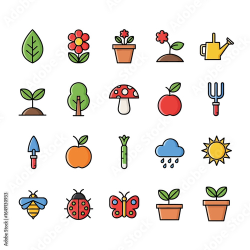 Colorful garden icons represent growth on white background