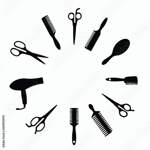 Black silhouettes of hairdressing tools arranged in a circle