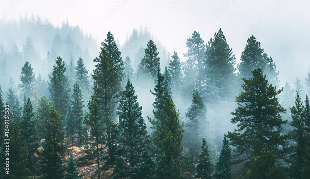 Fototapeta premium A panoramic view of misty pine trees, muted tones, hazy, and cinematic