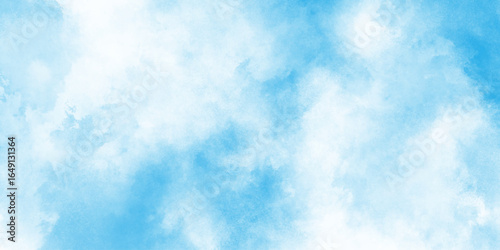 Blue pastel sky with white fluffy cloud cumulus clouds background, colorful bright ink blue and white watercolor texture, hand painted abstract soft sky blue watercolor sky and clouds.