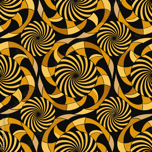 Abstract geometric seamless pattern with swirling golden spirals and curves