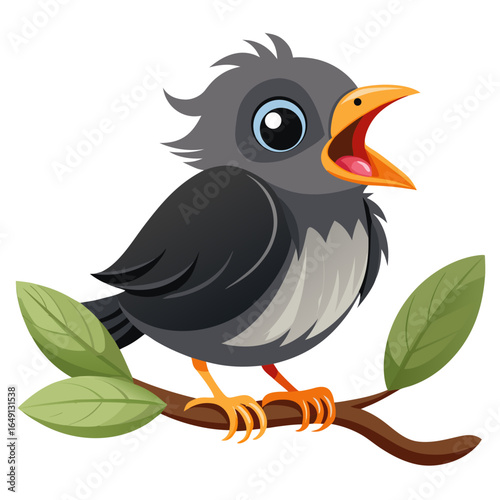 Cute cartoon baby bird chirping loudly on a branch