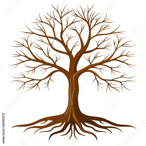 Stylized bare tree with visible roots and branches against a white background