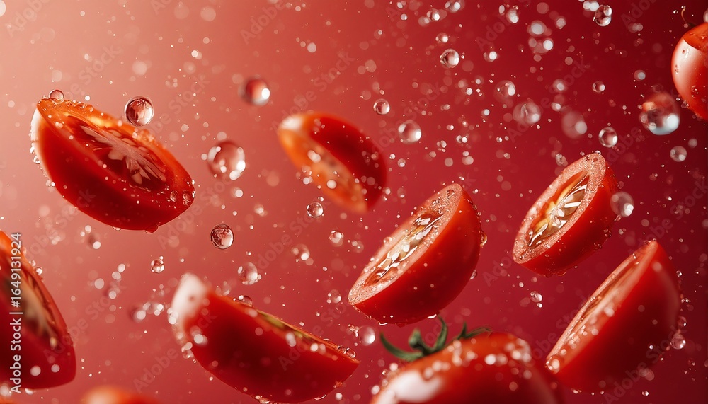 Fototapeta premium sliced tomatoes suspended in mid-air with splashing water droplets against a vibrant red background create a dynamic and refreshing still life.